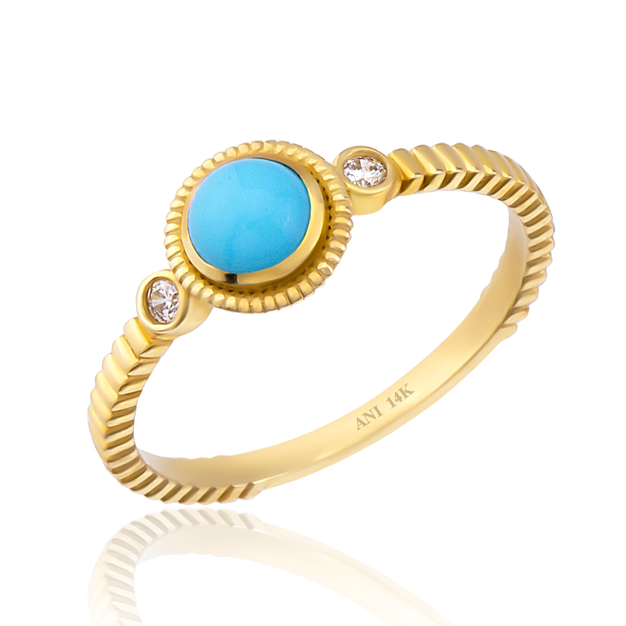 14 Ayar Altın Firuze Yuvarlak Taşlı Yüzük