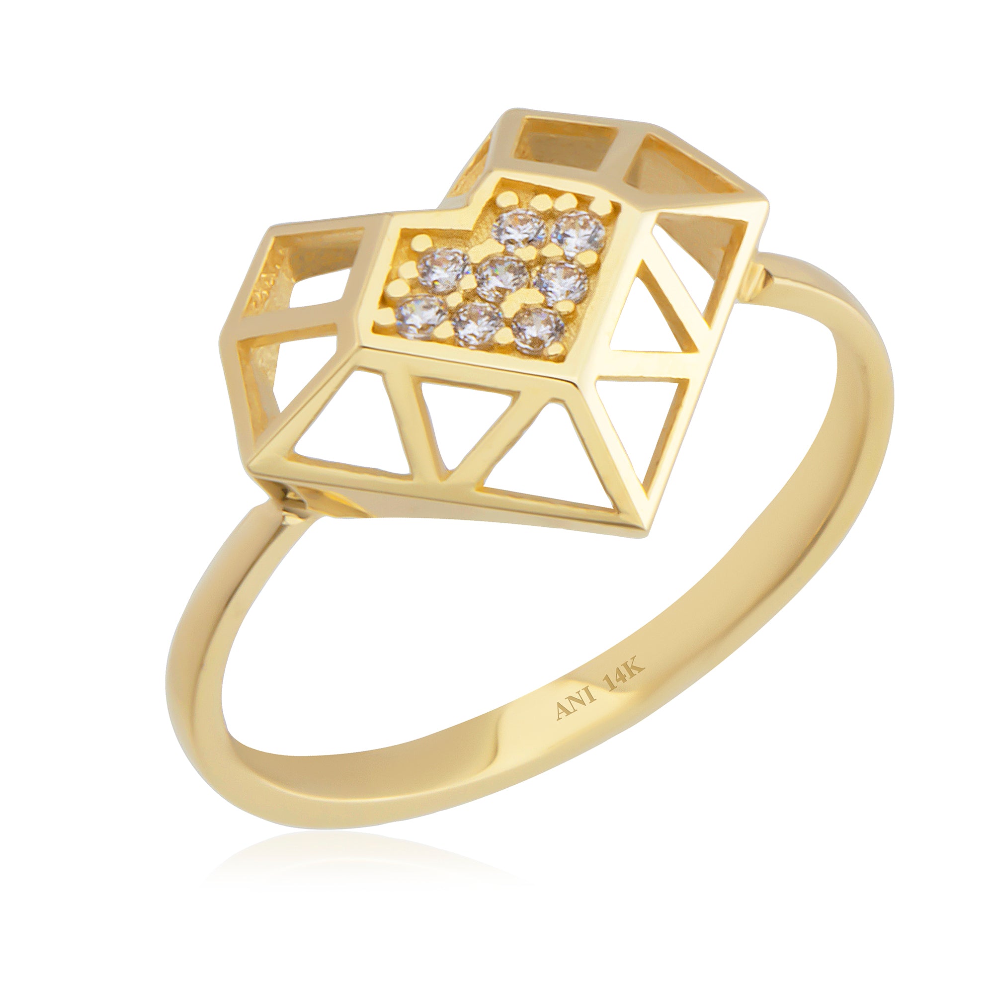 14 Ayar Altın Kafesli Kübik Kalp Yüzük