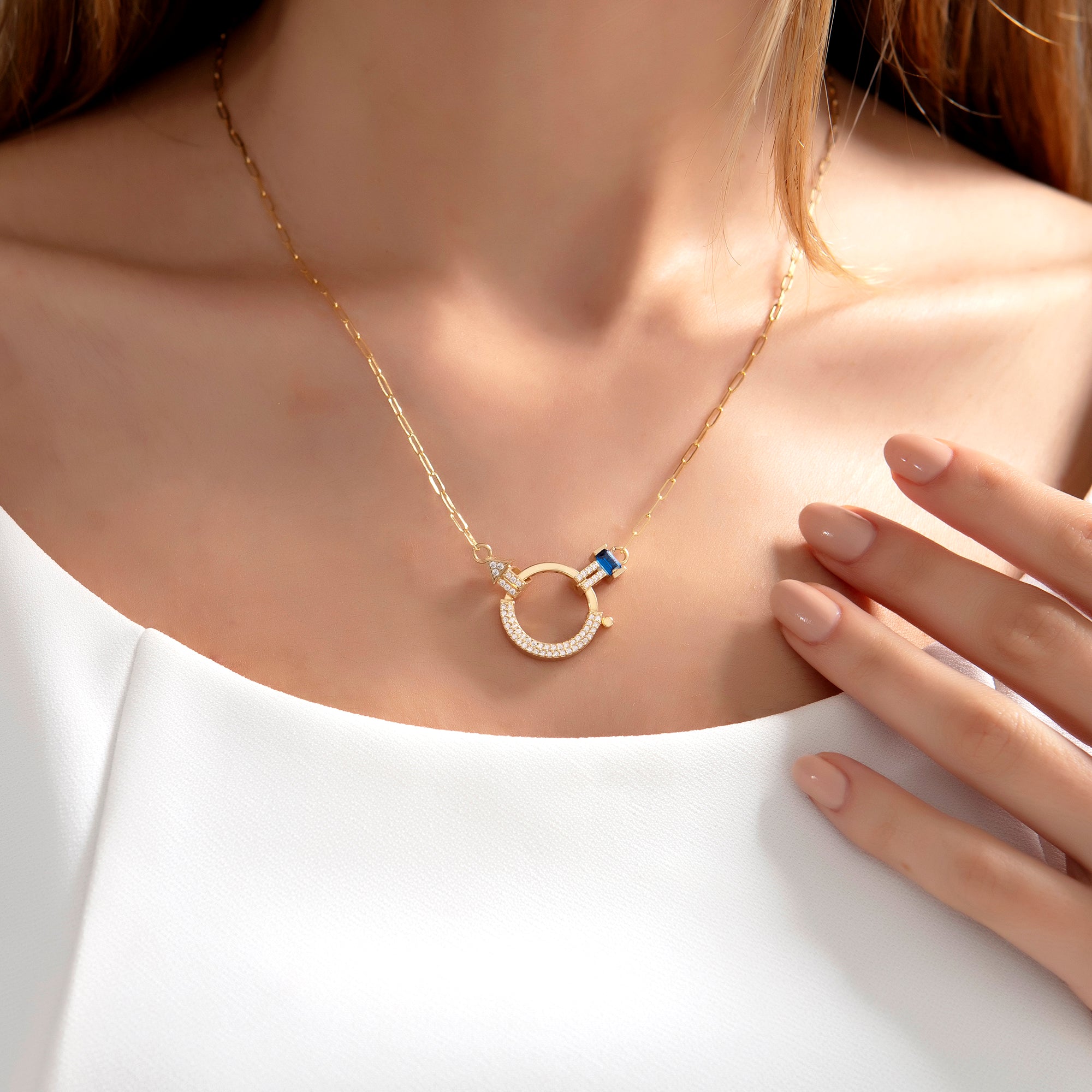 14 Ayar Altın Renkli Taşlı Ataç Zincir Tasarım Kolye