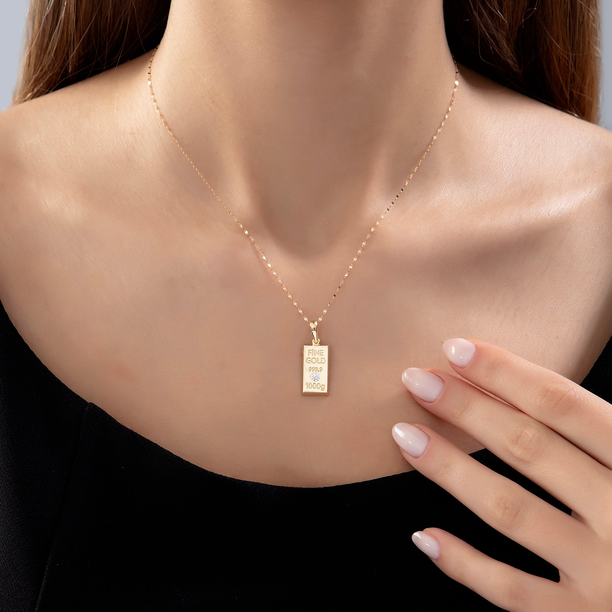 14 Ayar Altın Taşlı Külçe Zincir Kolye