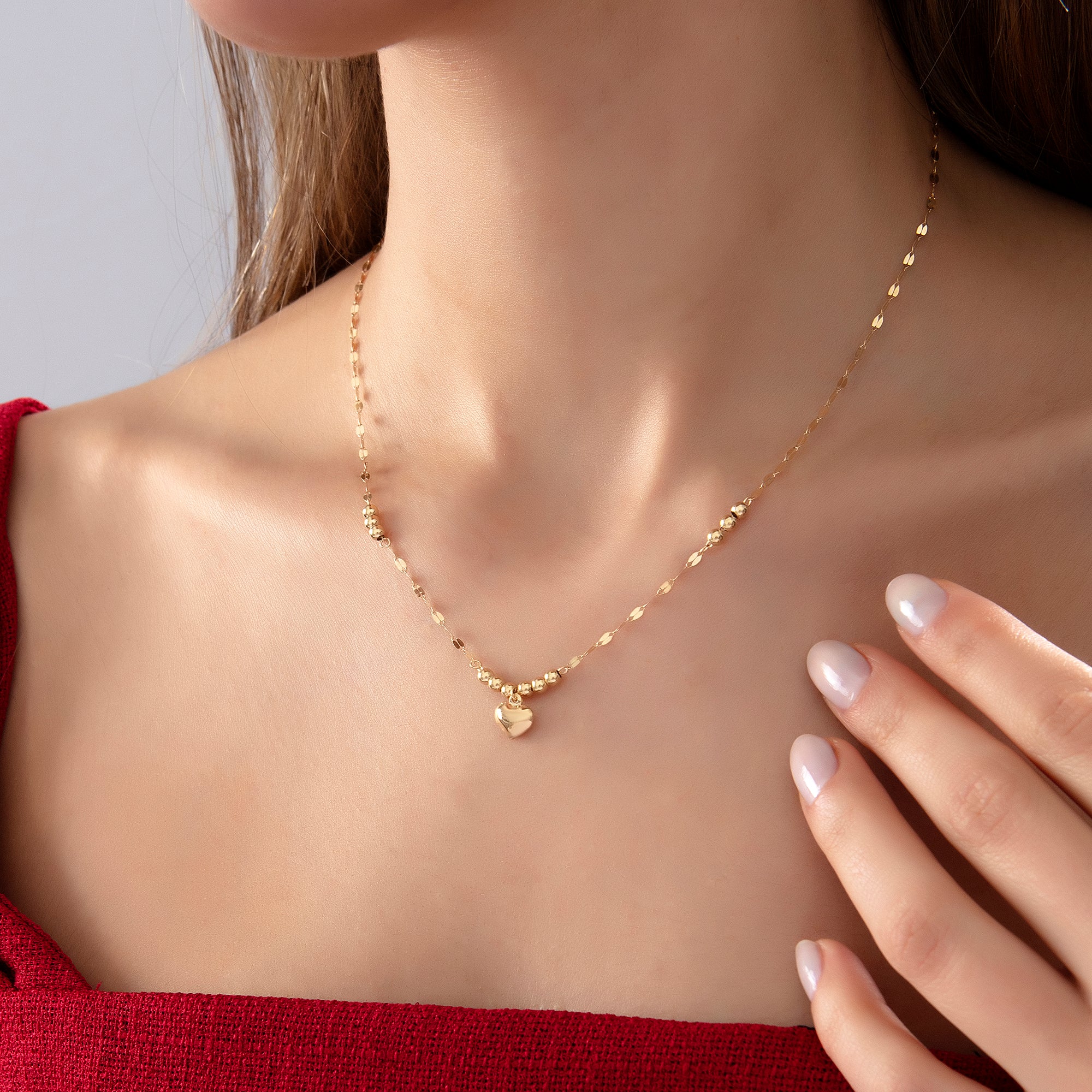 14 Ayar Altın Aynalı Toplu Kalp Zincir Kolye