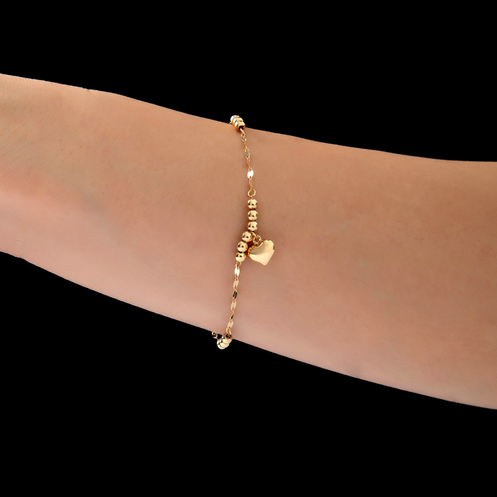 14 Ayar Altın Aynalı Toplu Kalp Zincir Bileklik